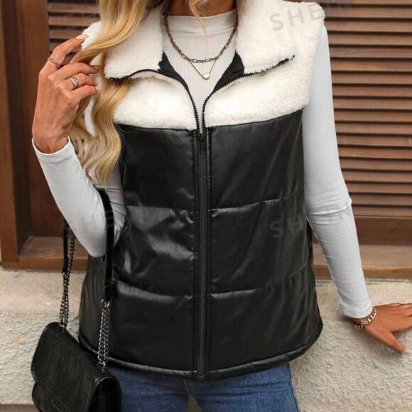 NWOT SZ XL FAUX VEGAN LEATHER SHERPA VEST - Picture 2 of 4